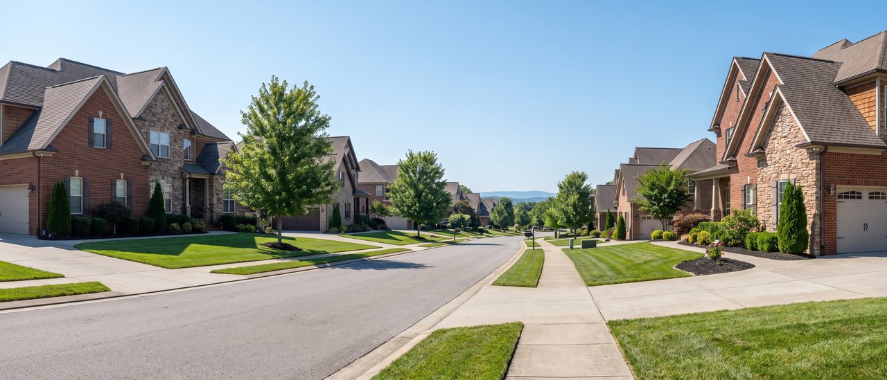 Tree-lined Farragut subdivision street with brick and stone two-story homes and hills on the horizon
