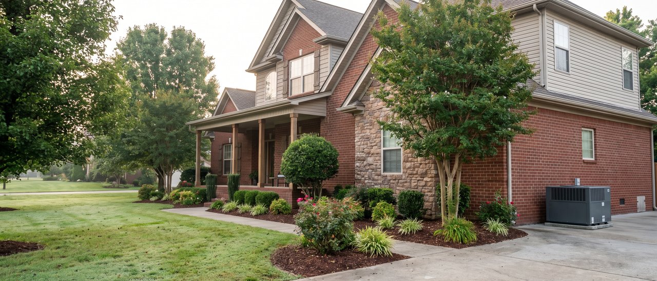Two-story brick and stone Farragut home with a crape myrtle out front and an outdoor AC unit on a concrete pad